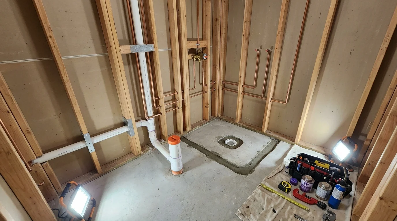 Bathroom rough-in plumbing during remodel by Johns Plumbing LLC in Camillus