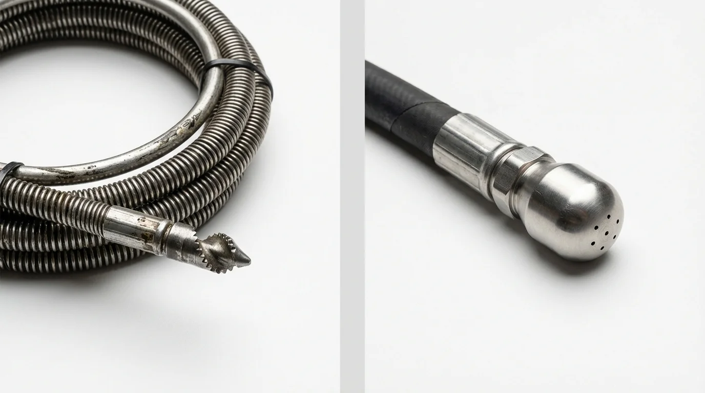 Drain snake cable and hydro jetting nozzle used for drain cleaning in Camillus, NY