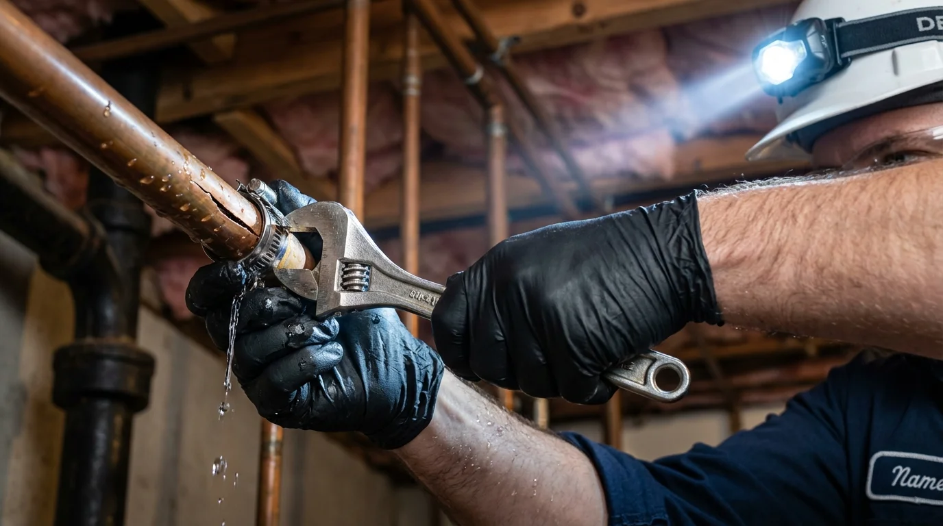 Emergency pipe clamp repair being performed by a Johns Plumbing LLC plumber in Camillus
