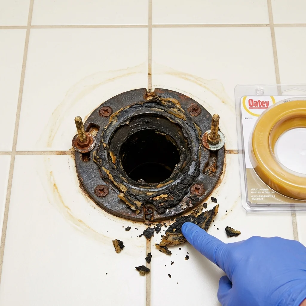 Failed wax ring showing water seepage at the base of a toilet in a Camillus, NY home