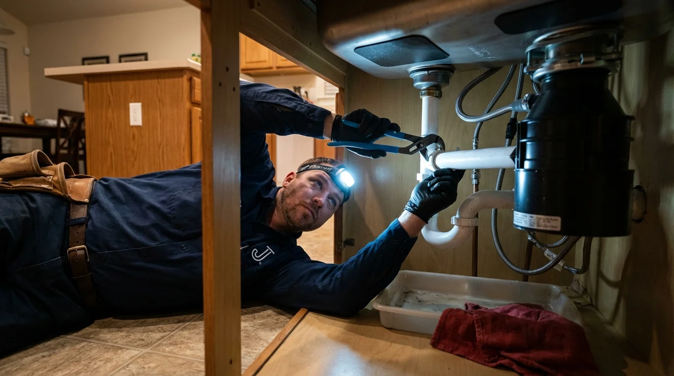 P-trap and supply line connections under a kitchen sink showing a common leak point in Camillus, NY